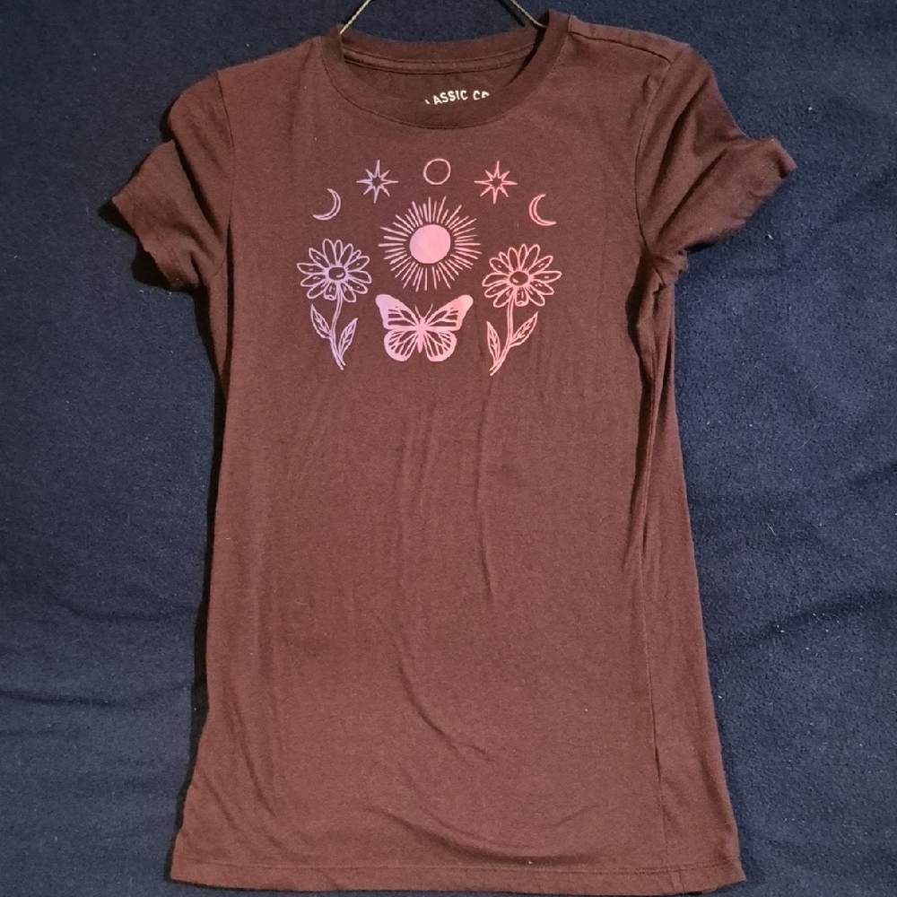 Brown Graphic Tee with Celestial and Floral Design